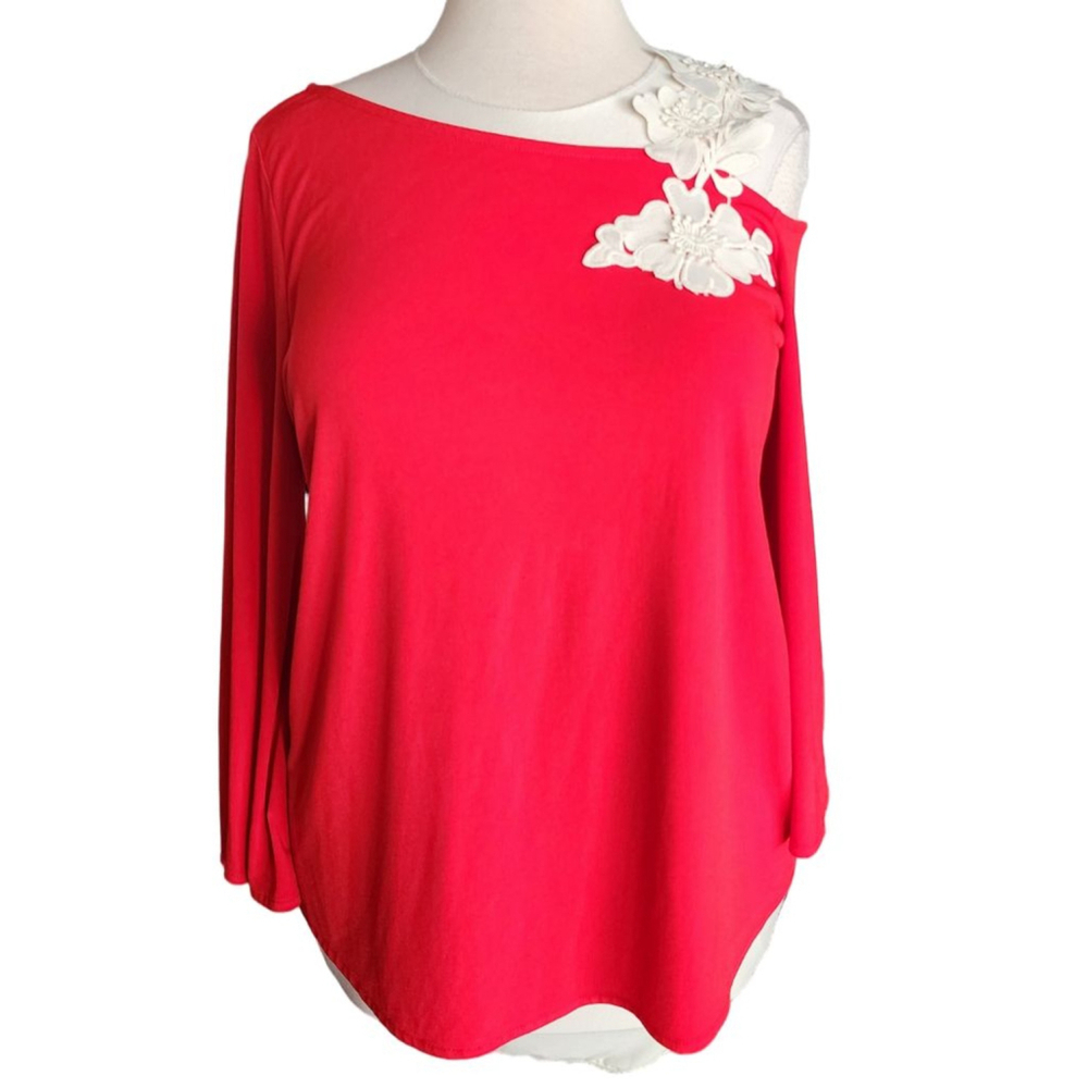 Alfani PL Red Off Shoulder Blouse White Floral Applique Long Sleeve Top Petite